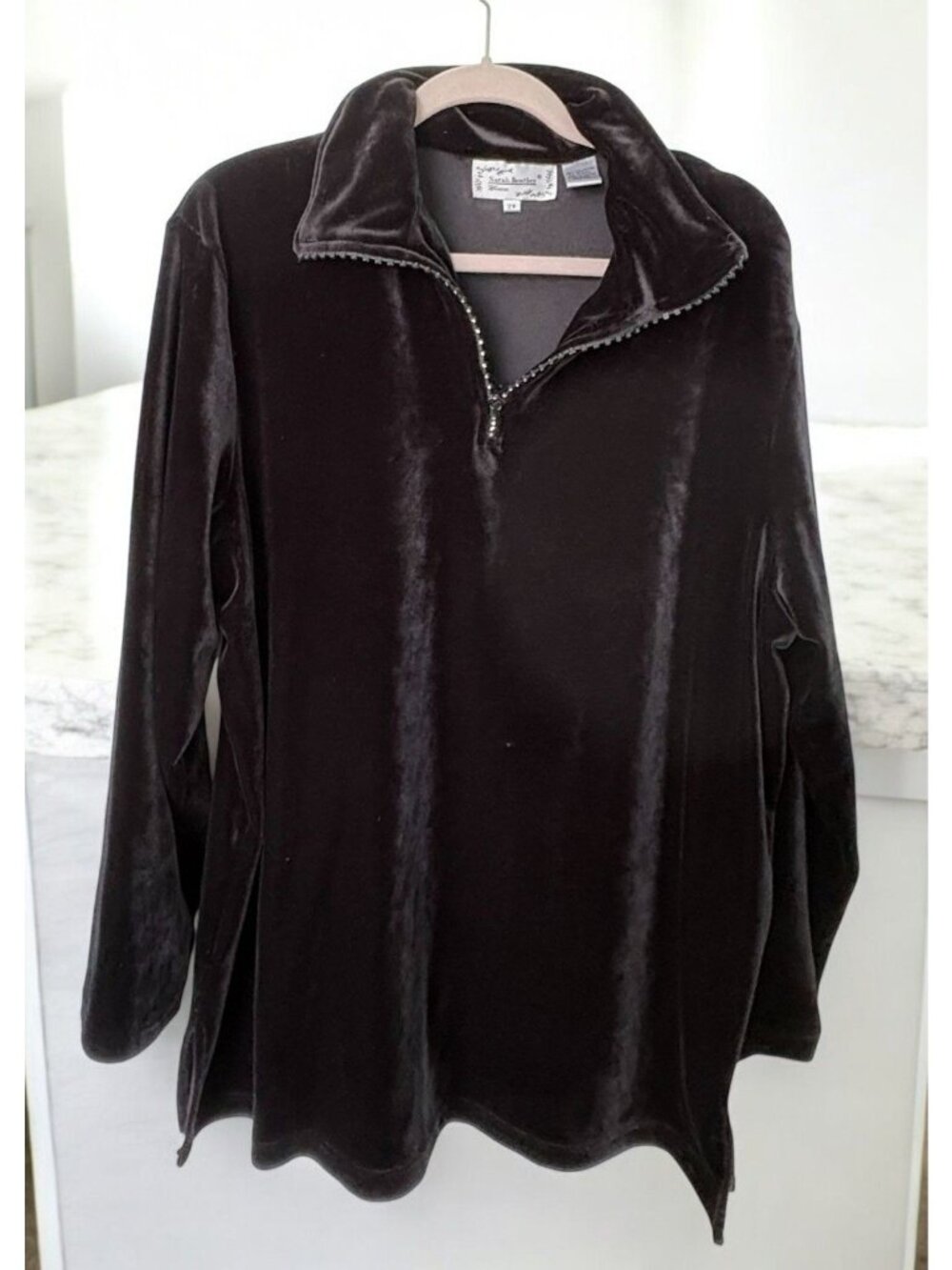 Sarah Bentley Womens Black Pullover Size 2X Soft Velour 1/4 Zip Rhinestone Neck
